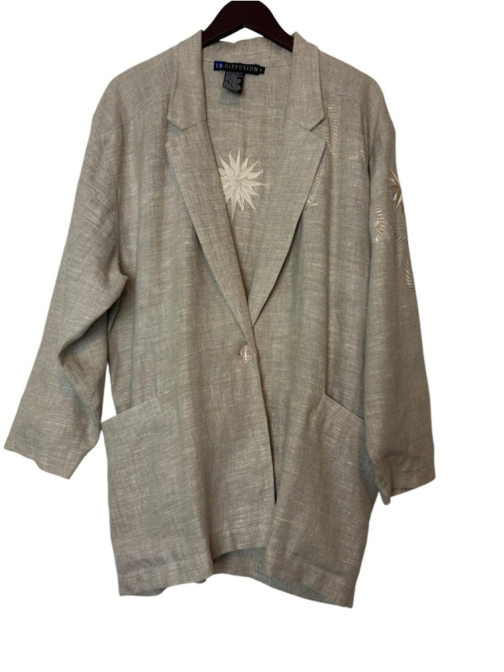 LB Diffusion Vintage Linen Beige Embroidered Blazer Jacket Lagenlook Size 12 L